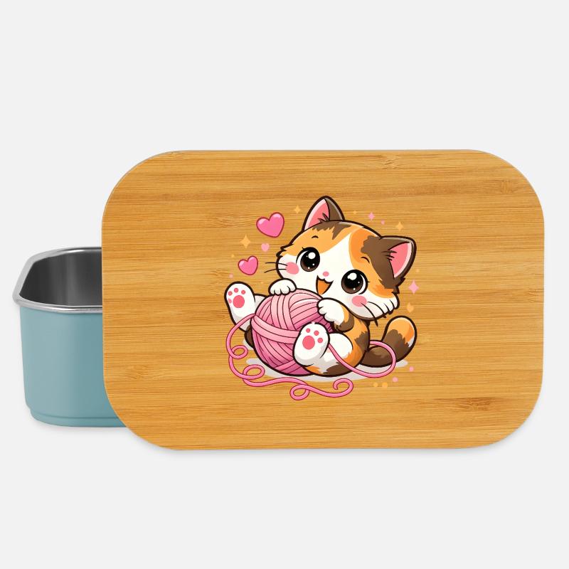 Süßes Kätzchen mit Wollknäuel – Kawaii Katze - Lunch Box - Hellblau