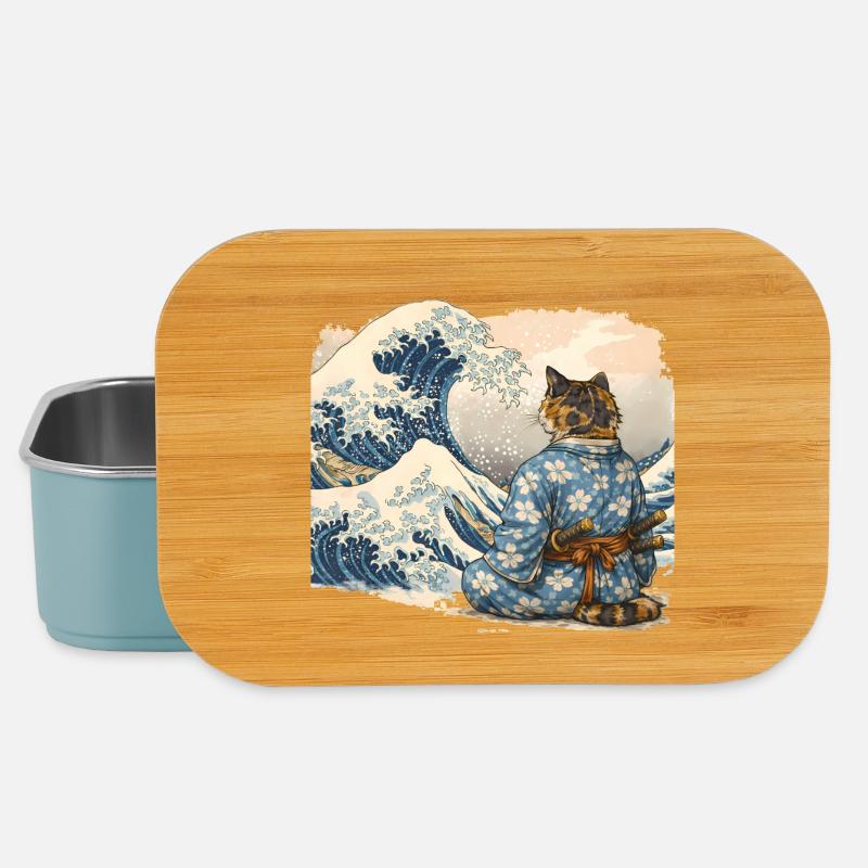 Samurai Cat Wave Japanese Ukiyo-e Style - Lunch Box - light blue
