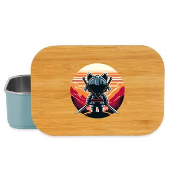 Samurai Cat Katanas Watching Sunset and Mountains - Lunch Box - light blue - Front