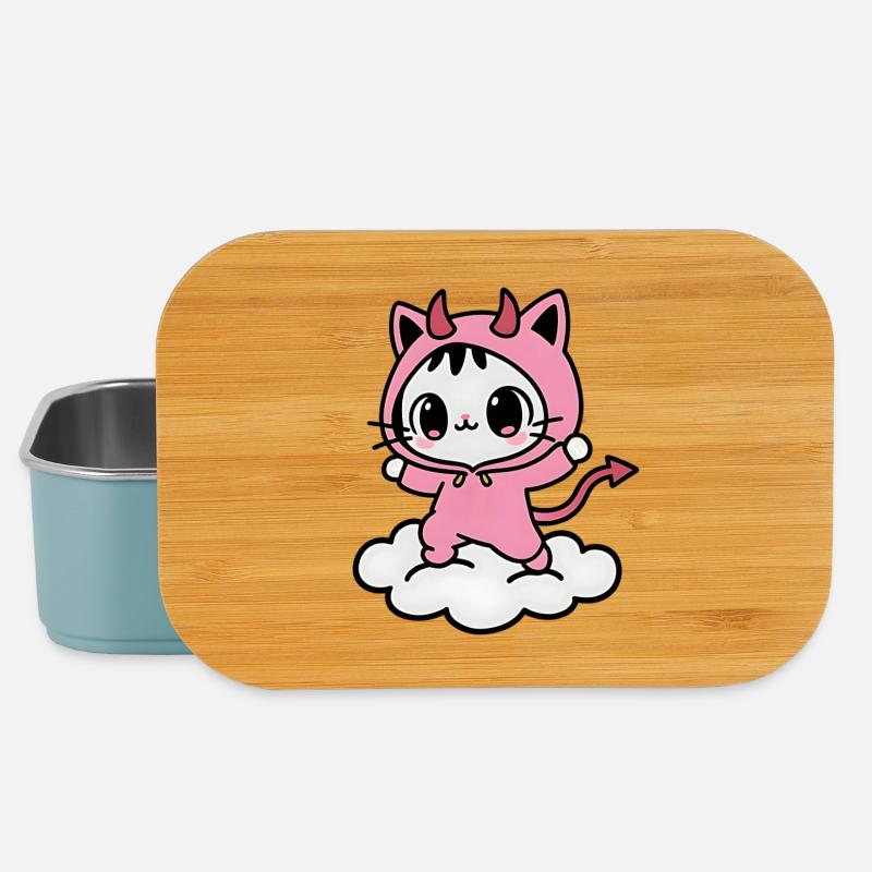 Chat démon rose Kawaii sur un Nuage - Boîte à goûter - bleu pâle