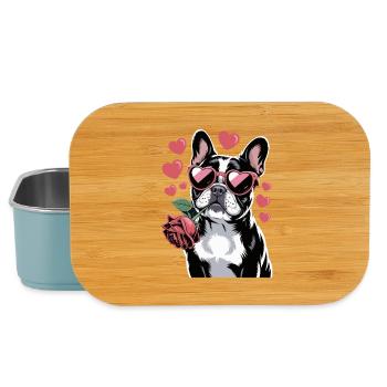  Französische Bulldogge mit Rose und Herzbrille - Lunch Box - Hellblau - Vorne