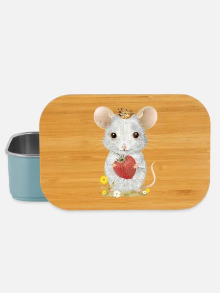 weiße Maus mit Krone,Erdbeere und Löwenzahn Blüten - Lunch Box - Hellblau