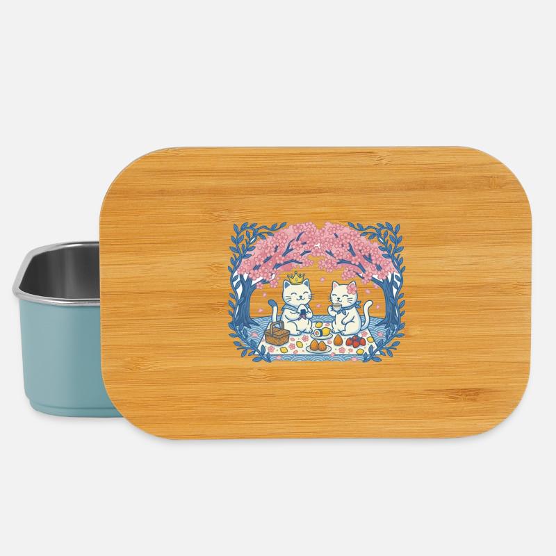 Real cats on picnic between sakura - Lunch Box - light blue