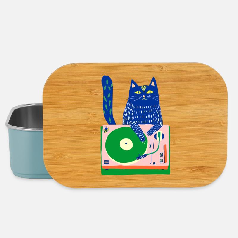 Blue Cat DJ on Whimsical Turntable - Lunch Box - light blue