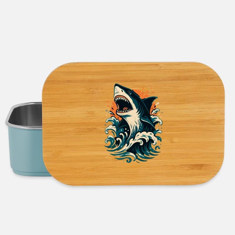 Hai brüllt durch Orange Wellen - Lunch Box - Hellblau