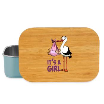Stork with baby girl; "It's a Girl" - Lunch Box - light blue - Front