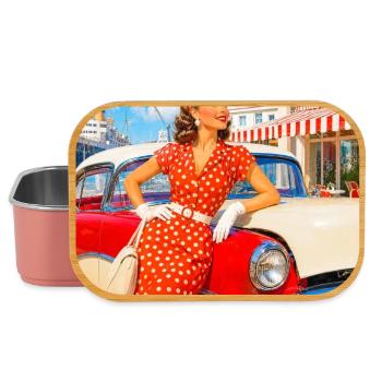Polka-Punkt-Pinup im roten Kleid - Lunch Box - Hellrosa - Vorne