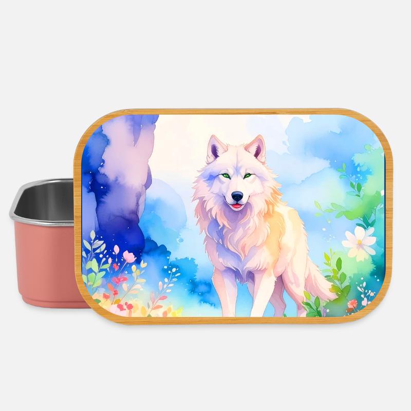 White wolf surrounded by flowers - Lunch Box - light pink