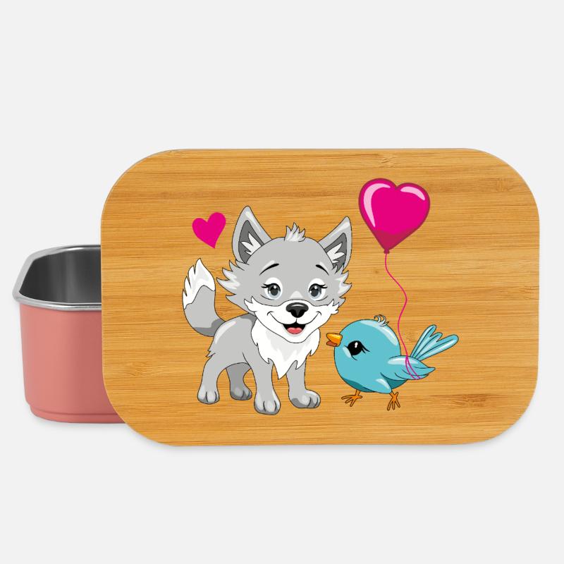 Bébé loup heureux et oiseau mignon avec un ballon - Boîte à goûter - rose clair