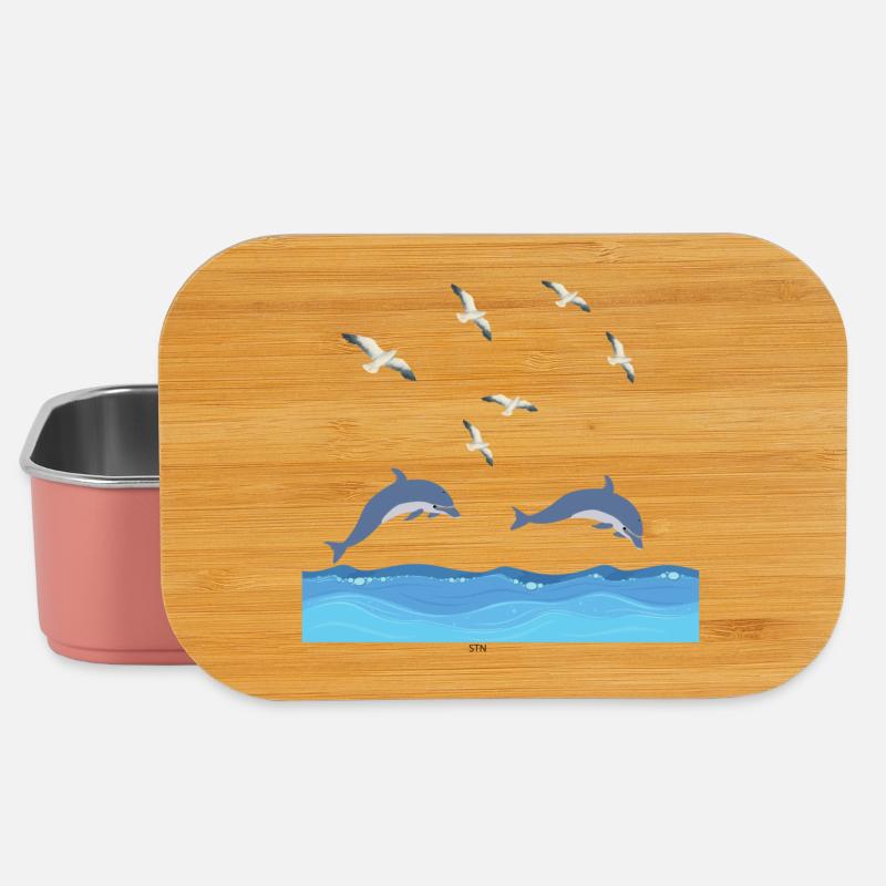 Dolphins Leap Over Azure Waves - Lunch Box - light pink