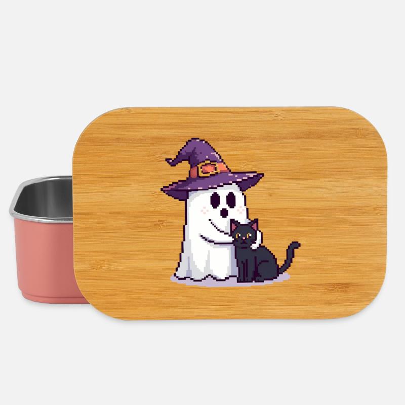 Pixel Ghost with Witch Hat & Cat – Halloween - Lunch Box - light pink