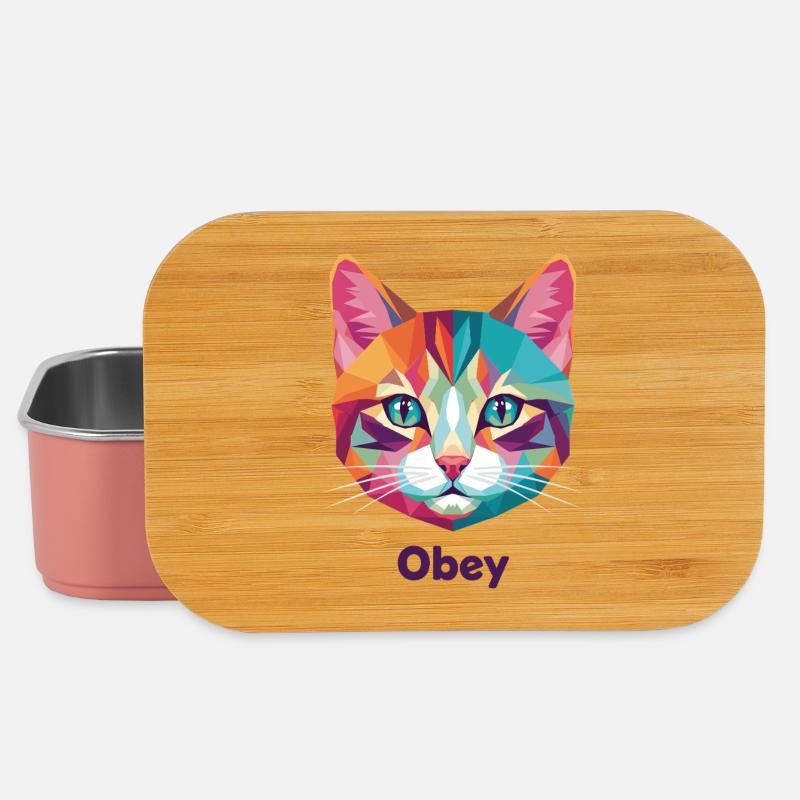 Geometric Cat Head with Obey Text - Lunch Box - light pink