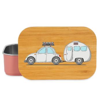 Auto mit Wohnwagen und Koffer in Grau - Lunch Box - Hellrosa - Vorne