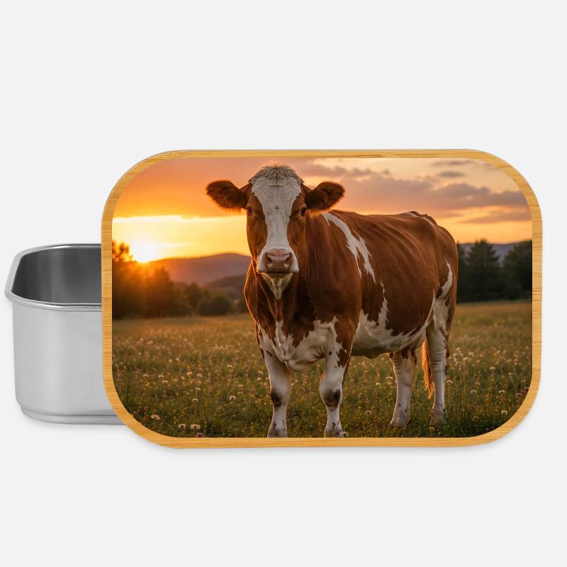 Coucher de soleil et vache dans la prairie - Boîte à goûter - argent