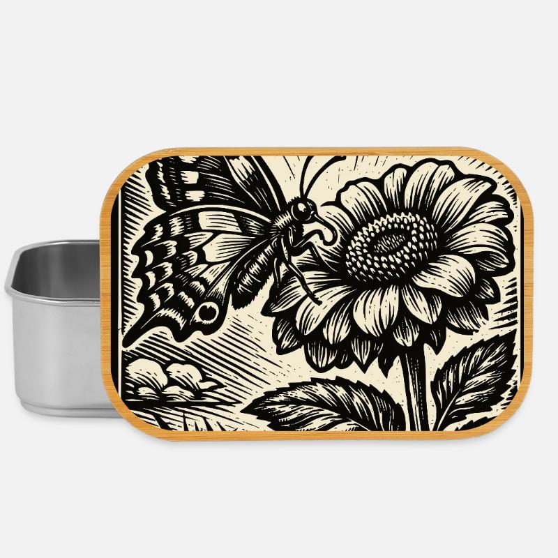 Papillon & Fleur – Gravure sur bois vintage - Boîte à goûter - argent