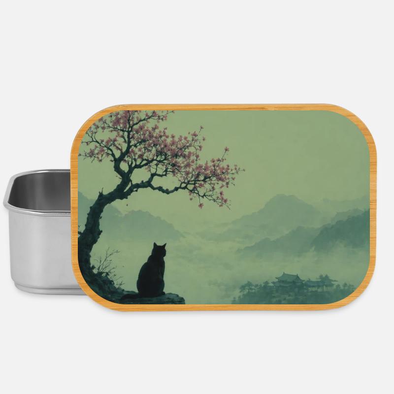 Black Cat at Sakura Tree – Asian Zen Design - Lunch Box - silver