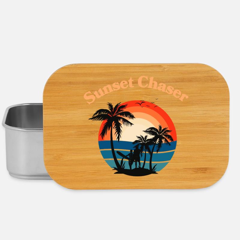 Retro Surfer Sunset Palm Tree Graphic - Lunch Box - silver