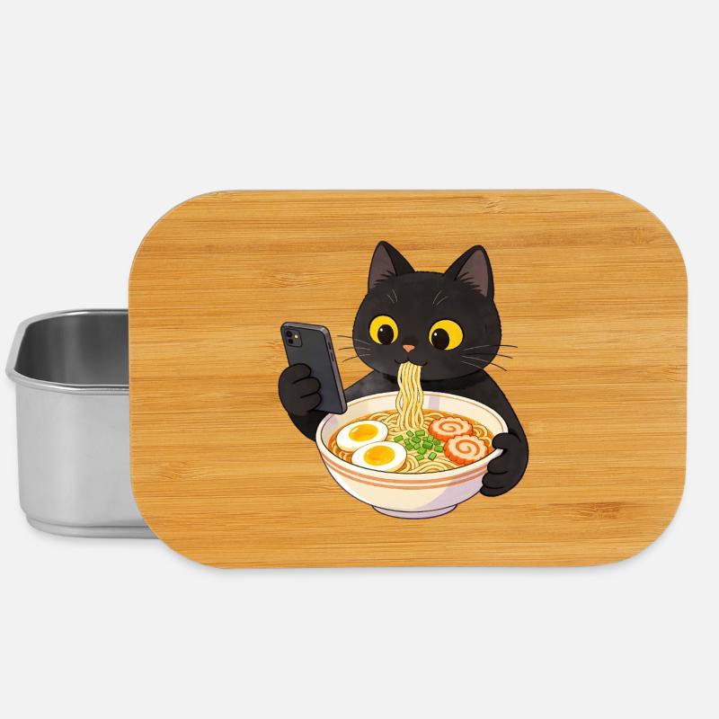 Chat noir avec smartphone et nouilles ramen - Boîte à goûter - argent