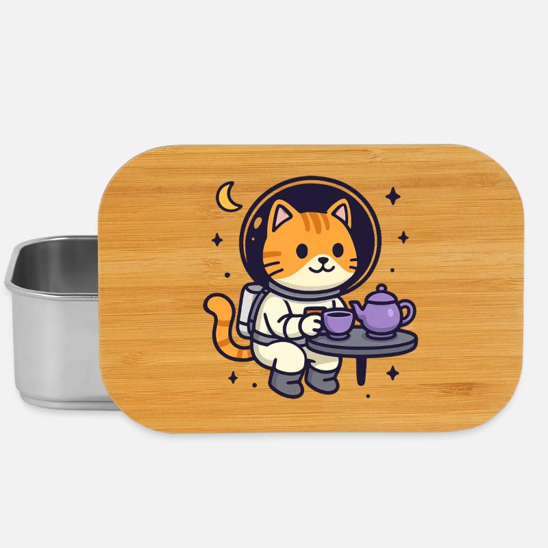 Space Cat Tea Time – Kawaii Astronaut - Lunch Box - Silber