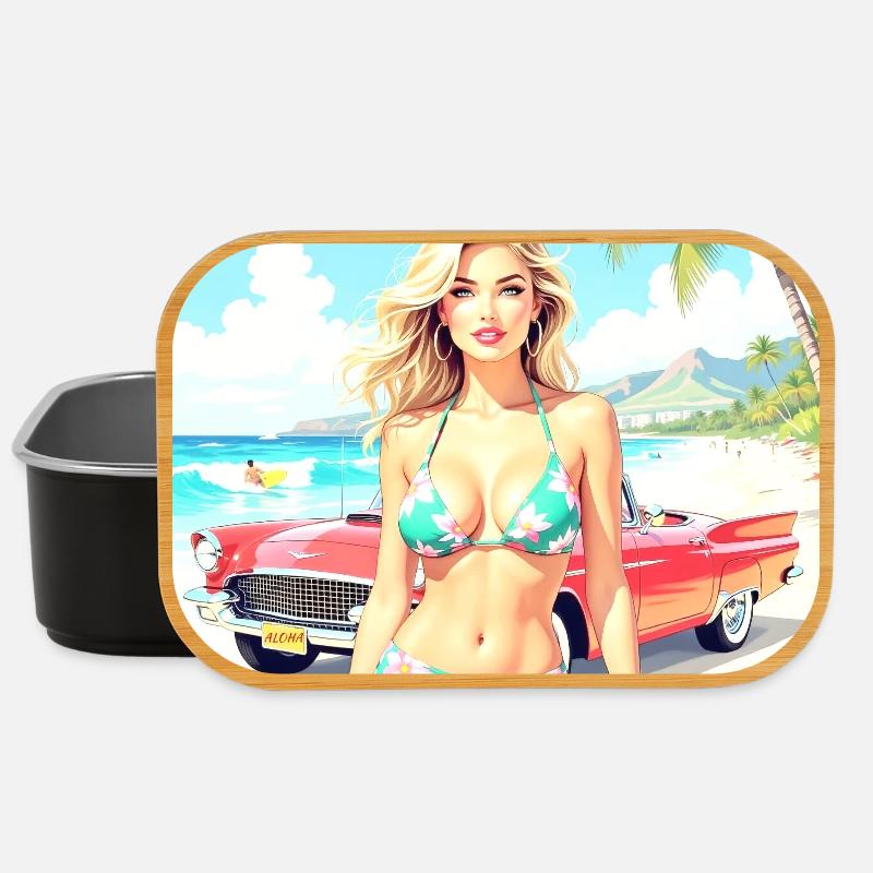 Frau am Strand mit Oldtimer - Lunch Box - Schwarz