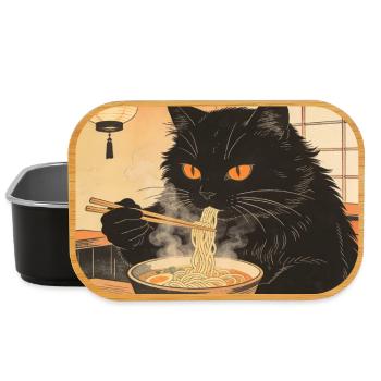 Cute Cat Ramen Noodles Japan Wave Gift Retra - Lunch Box - black - Front