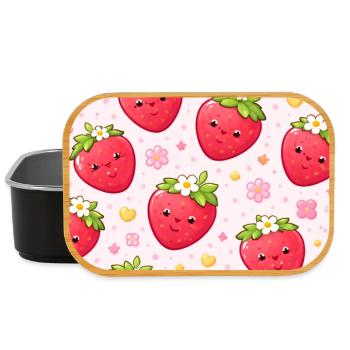 Kawaii Erdbeer-Polka-Punkt-Muster Pink - Lunch Box - Schwarz - Vorne