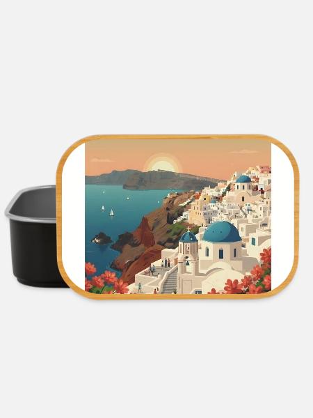 Santorini Sunset Coastal View - Lunch Box - black