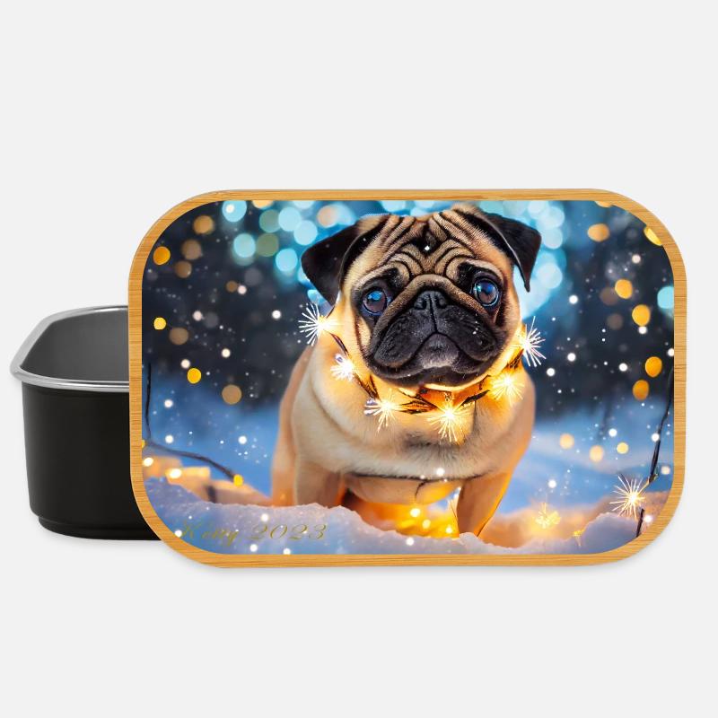 Cute Pug with Christmas Lights - Lunch Box - black