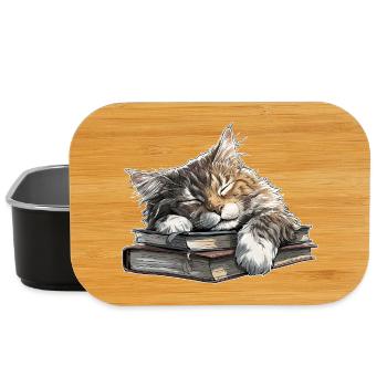 Cute Cat Sleeping on Book Pile - Lunch Box - black - Front