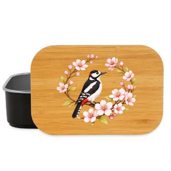 Great Spotted Woodpecker with Cherry Blossoms Spring Motif - Lunch Box - black - Front