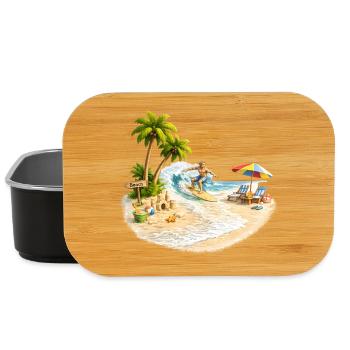 Surfer on the beach with palm trees and wave - Lunch Box - black - Front