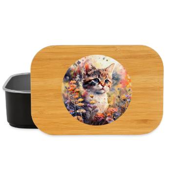 Cat in Flower Meadow - Watercolor - Lunch Box - black - Front