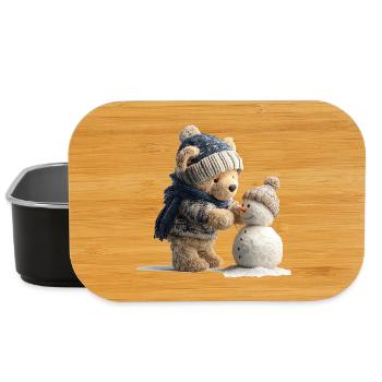 Teddy bear with hat and scarf builds snowman - Lunch Box - black - Front