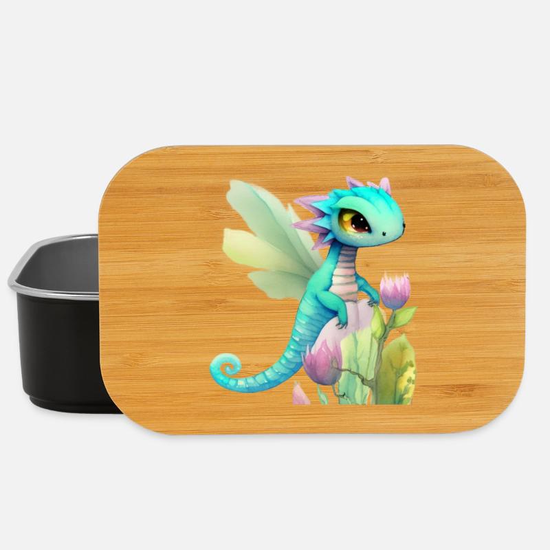 Kawaii Dragon Cartoon sur Fleur Rose - Boîte à goûter - noir