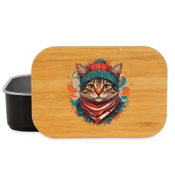 Un chat mignon portant une écharpe épaisse et un chapeau - Boîte à goûter - noir - Devant