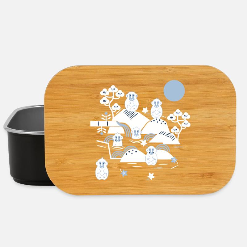 Chilling monkeys in a hot spring l white blue navy - Lunch Box - black