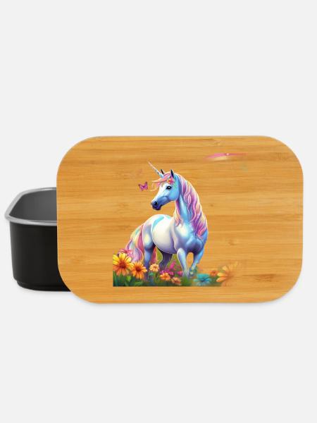 Himmlisches Einhorn im Blumenfeld mit Schmetterlin - Lunch Box - Schwarz