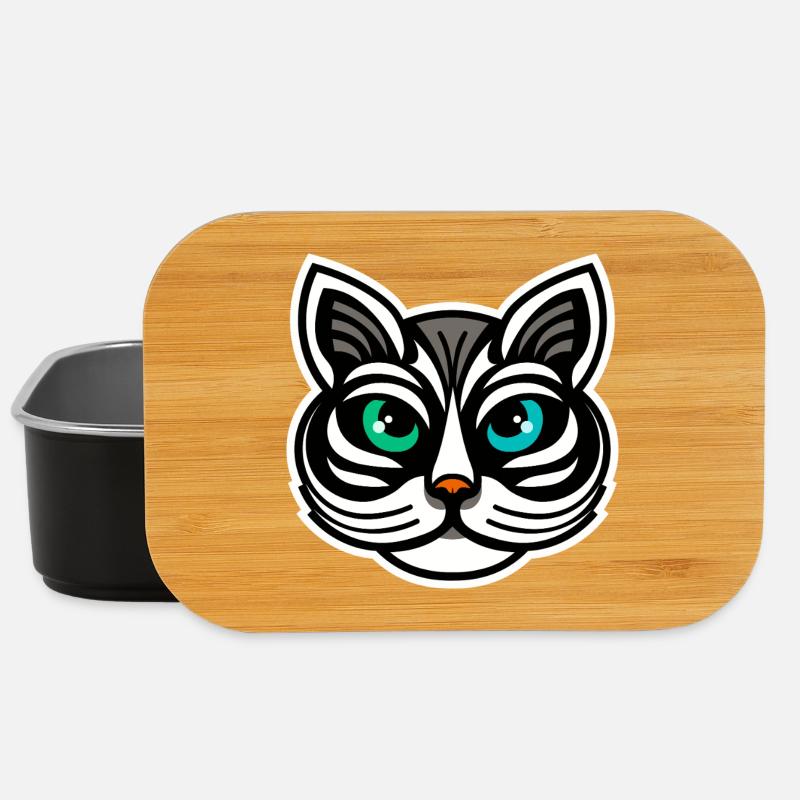 Whimsical Odd-Eyed Cat Cartoon Design - Lunch Box - black