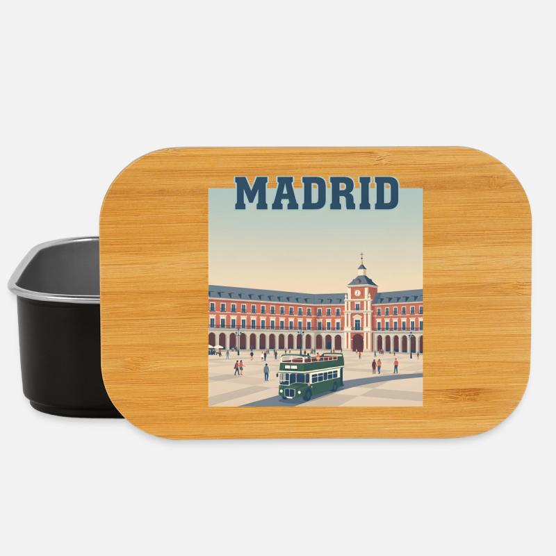 Madrid Plaza Retro Bus Scene - Lunch Box - black