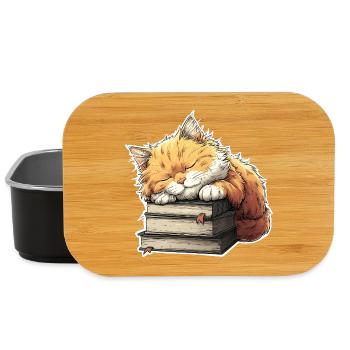Cute Cat Sleeping on Book Pile - Lunch Box - black - Front