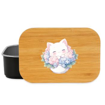 Süße weiße Katze in Hortensien – Kawaii Design - Lunch Box - Schwarz - Vorne