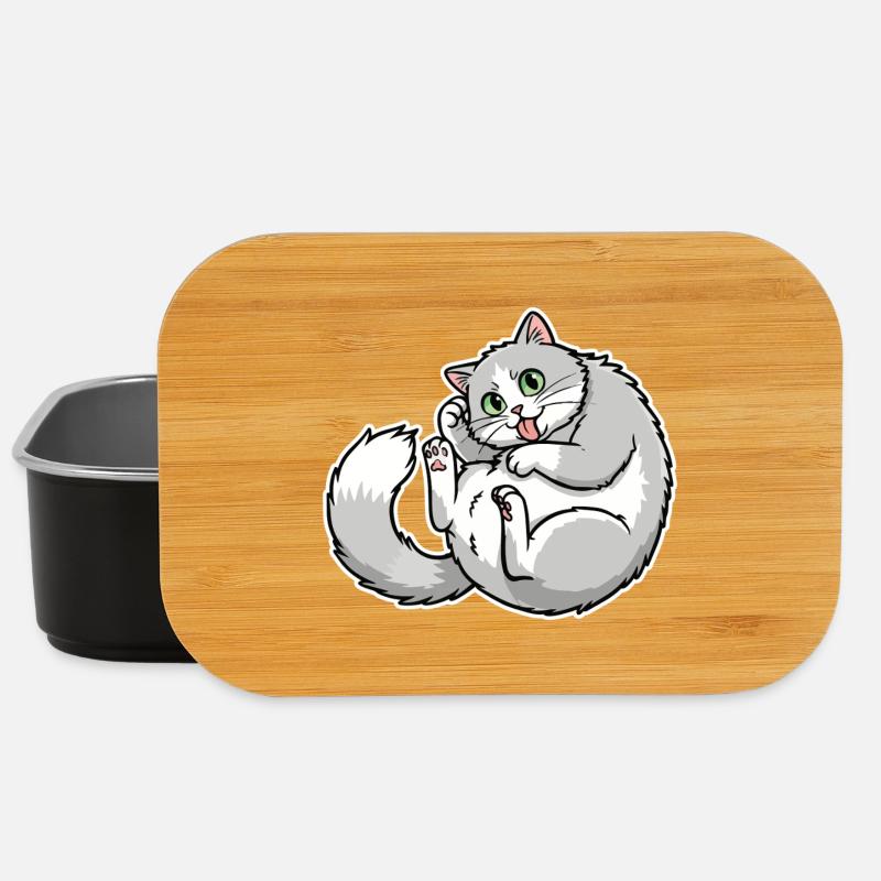 Grey and White Cat Funny Tongue Out Cute - Lunch Box - black