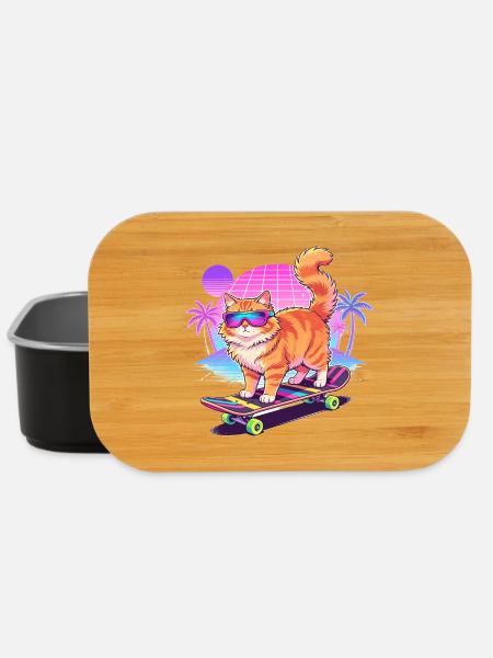 Retro Synthwave Cat Skateboard - Lunch Box - black