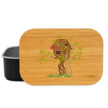 leaning treehouse in the treetop with ladder - Lunch Box - black - Front