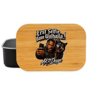 Erst Selfie, dann Walhalla - Wikinger Wolf Humor - Lunch Box - Schwarz - Vorne