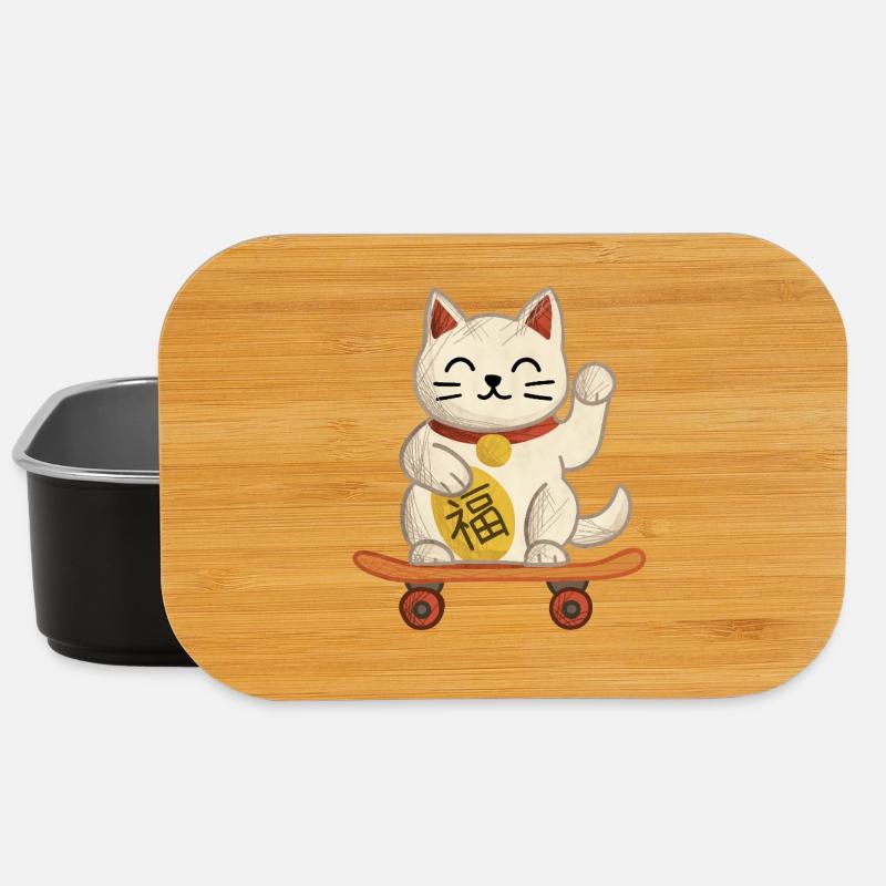 Maneki-neko Cat Skateboard - Lunch Box - black
