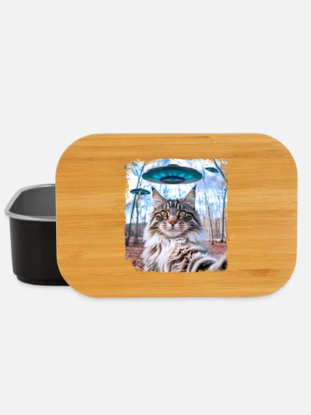 Weird Funny Main Coon Cat Selfie with Alien UFOs. - Lunch Box - black