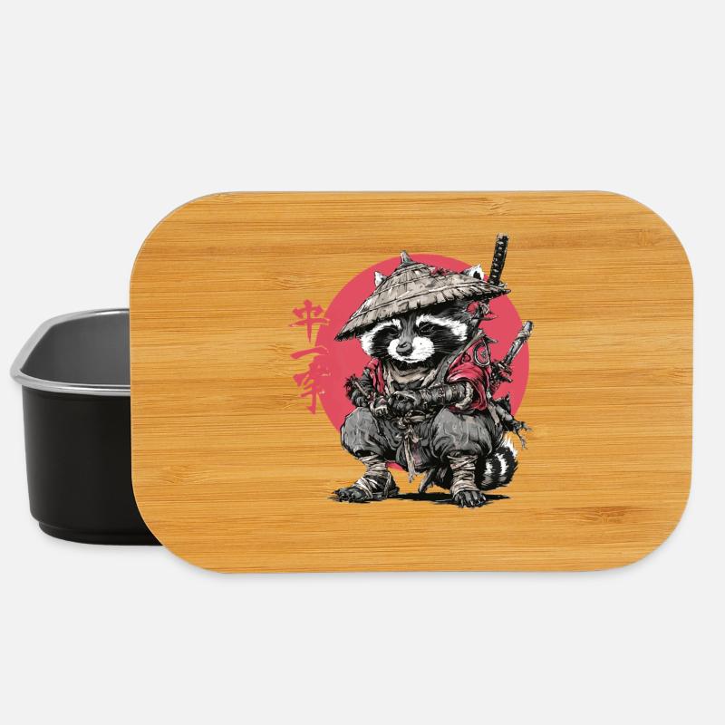 Raccoon Samurai in Red Circle - Lunch Box - black