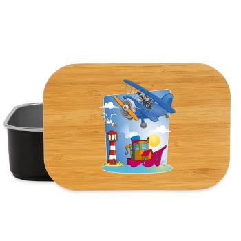 soleil, mer, avion, bateau phare et mouette - Boîte à goûter - noir - Devant