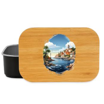 Vue sur la mer avec ville côtière et palmier - Boîte à goûter - noir - Devant